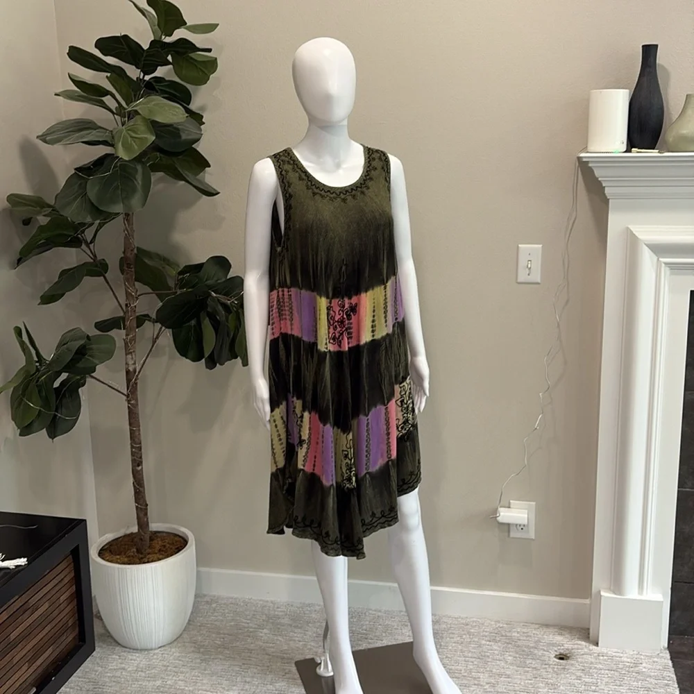 Fashion Force Embroidered Tie Dye Midi Tank Dress Free Size Rainbow Stripe Y2K